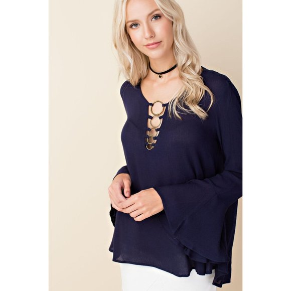 Women's Solid Bell Sleeve Top With Front Ring Detail Blouse Super Cute & Comfy - Picture 6 of 8